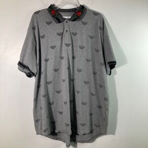 Mens Reason Embroidered Roses Moths Polo Shirt Gray 3XL Cotton Short‎ Sleeve